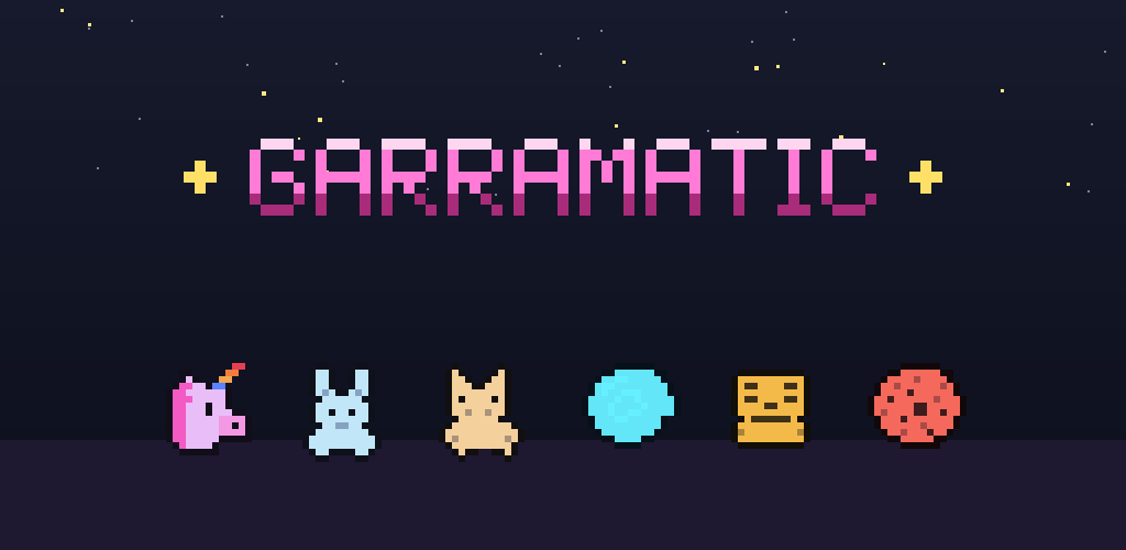 Garramatic: título en pixel art rosa con peluches y premios del juego